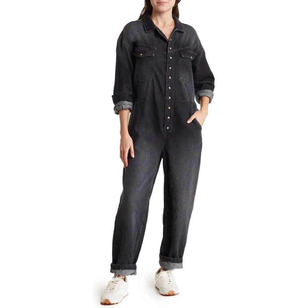 free people townes black denim long sleeve button up jumpsuit coveralls